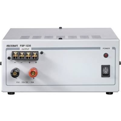 Voltkraft FSP 1235 napajalnik prikazuje izhode 11V-15V DC pri 35A, z terminali za pozitivni in negativni pol ter vgrajenim omrežnim stikalom.