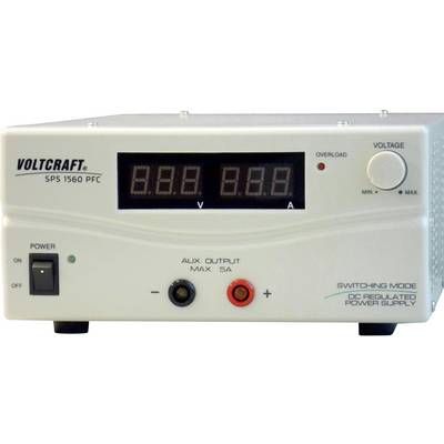 Voltcraft SPS 1560 PFC laboratorijski napajalnik z digitalno prikazovalnikom napetosti in toka, vklopno-izklopnim stikalom in regulatorjem napetosti.
