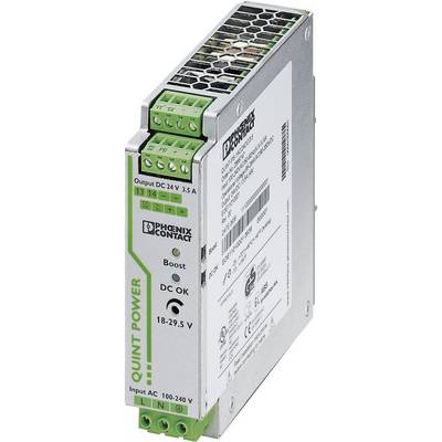 Srebrno napajalniško enoto podjetja Phoenix Contact z zelenimi priključki, model 'QUINT POWER', izhodi: DC 24V, 3,5A, vhod: AC 100-240V.