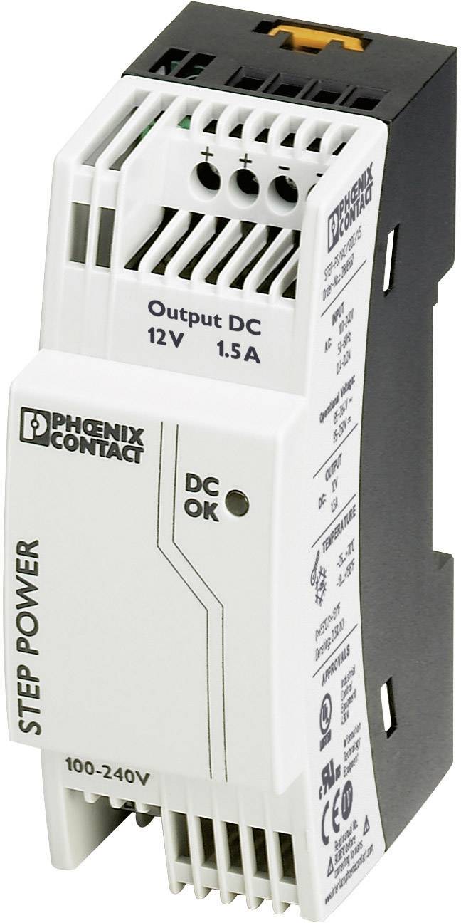 Enota za napajanje z napisom 'Phoenix Contact Step Power', izhodna moč: 12V, 1,5A.