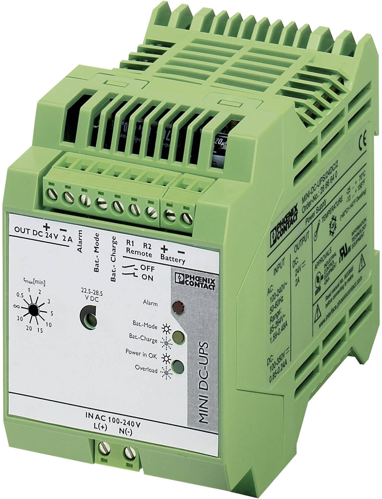 Zelena elektronska komponenta podjetja Phoenix Contact, opremljena z indikatorji in stikali za krmiljenje in nadzor električnih priključkov.