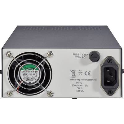 Napajalnik z ventilatorjem in priključno vtičnico. Napis: 'VHOD 230V~ ±15% 50Hz 485VA'. Varovalka T3,15A, 250V AC.