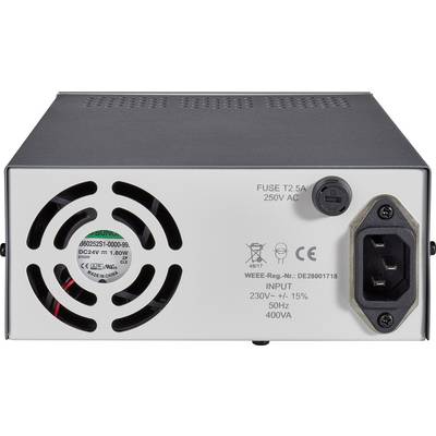Pogled od zadaj na napajalnik z ventilatorjem in napajalni priključek. Oznake prikazujejo varovalko T2,5A, 230V AC, 50Hz, 400VA in druge tehnične podrobnosti.