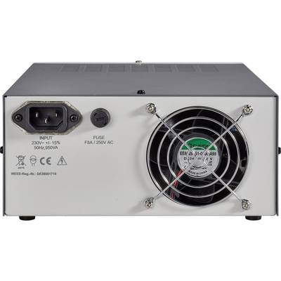 Omrežni priključek in ventilator na zadnji strani elektronske naprave, označena s specifikacijami: 'VHOD 230V ± 15%, 50Hz, 950VA'.