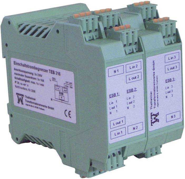 Dvokanalni elektronski modul 'Omejilec vklopnega toka TEB 316', prikazuje priključke in tehnične podrobnosti za omejitev toka.