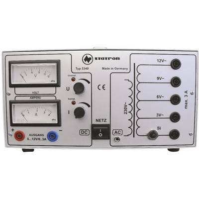 Napajalnik z analognimi merilniki za volt in amper, stikalom za omrežno napetost in različnimi napetostnimi izhodi (12V, 9V, 6V, 3V).