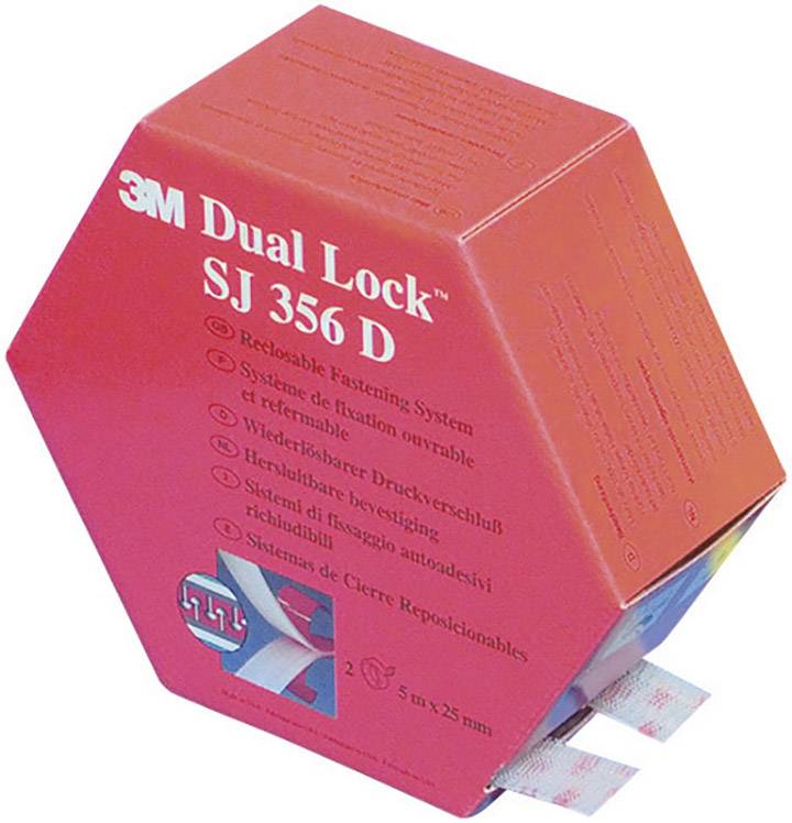 Rdeča šestkotna embalaža 3M Dual Lock SJ 356 D. Ponovno zaprljiv zapiralni sistem, dolžina pet metrov, širina 25 mm.