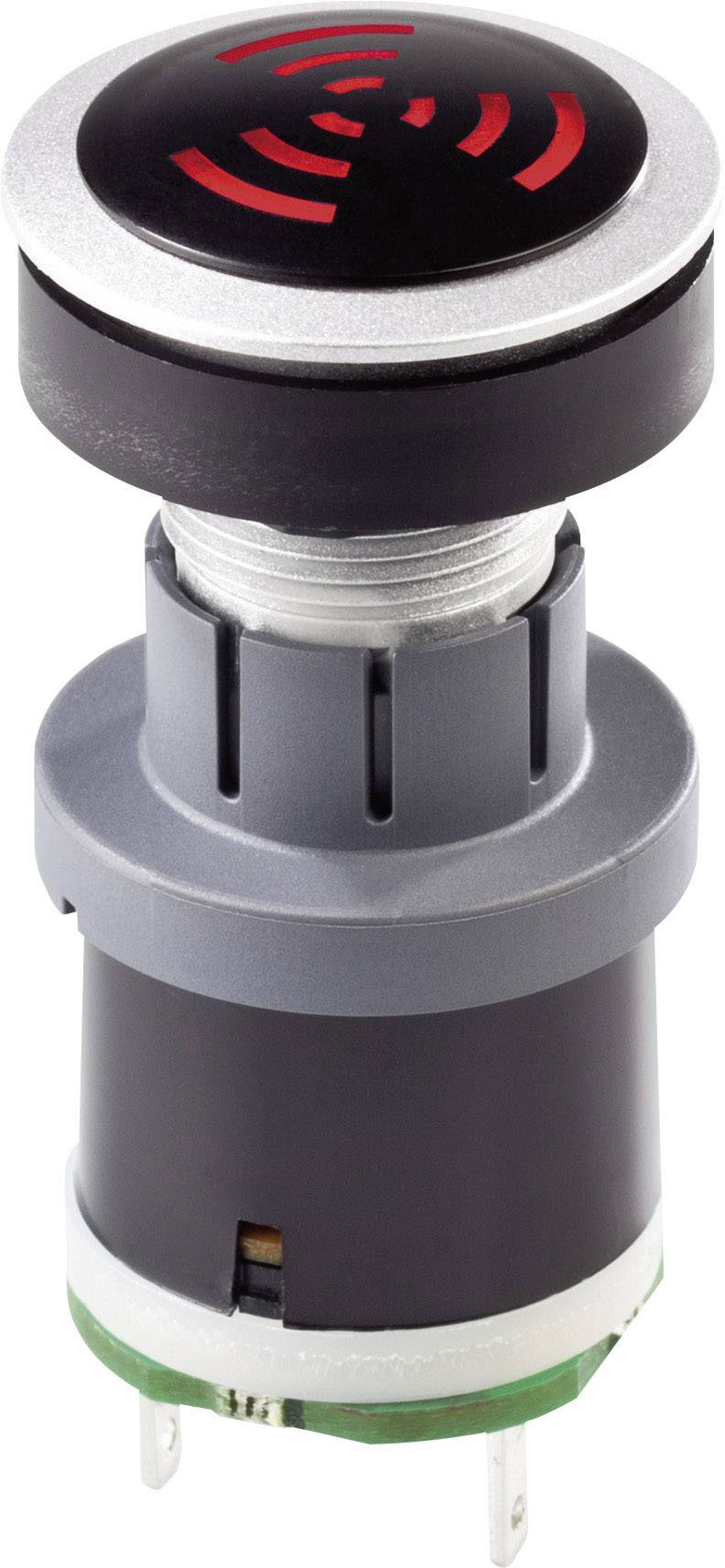 Tipka z rdečim valovitim simbolom, valjaste oblike. Primerna za elektronske krmilne sisteme in industrijske aplikacije.