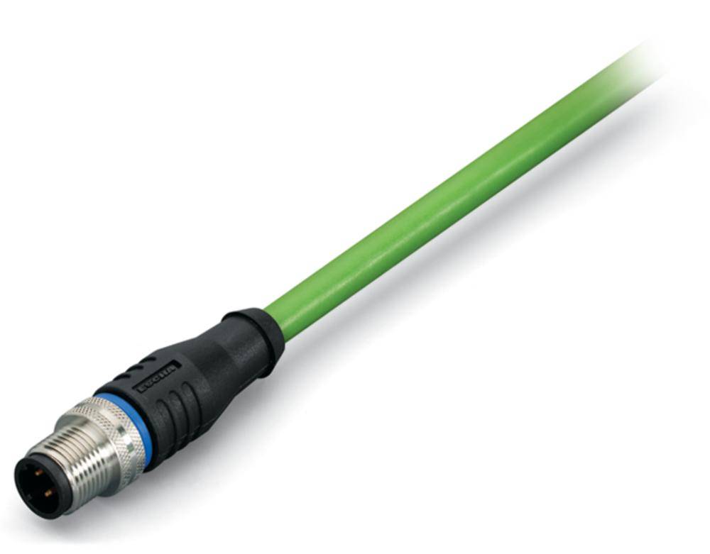Zeleni M12 povezovalni kabel s črnim in srebrnim priključkom. Primeren za industrijske aplikacije.