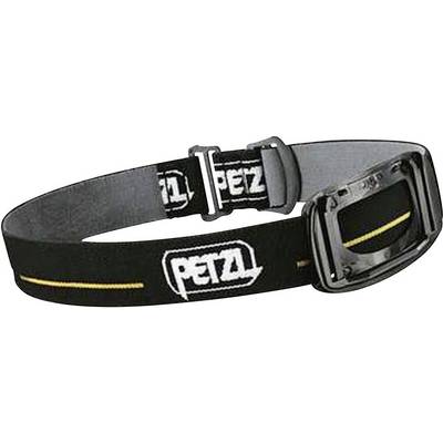 Črna naglavna trakova z logotipom 'PETZL' v beli barvi, rumenim trakom in sivo sponko.
