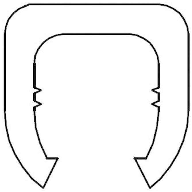 Diagram v obliki črke U z dvema notranjima stranskima zarezama, ki prikazuje možno mehansko povezavo ali objemko.