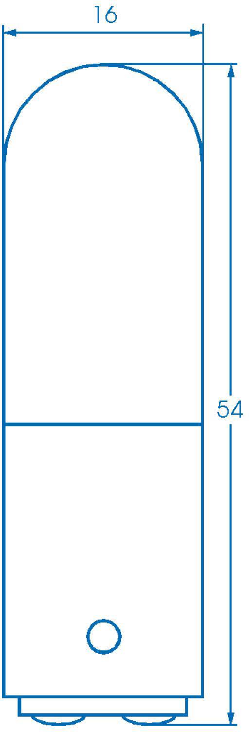 Tehnična risba cilindrične komponente. Višina: 54 enot, zgornja širina: 16 enot. Spodnji odsek ima krožno oznako.