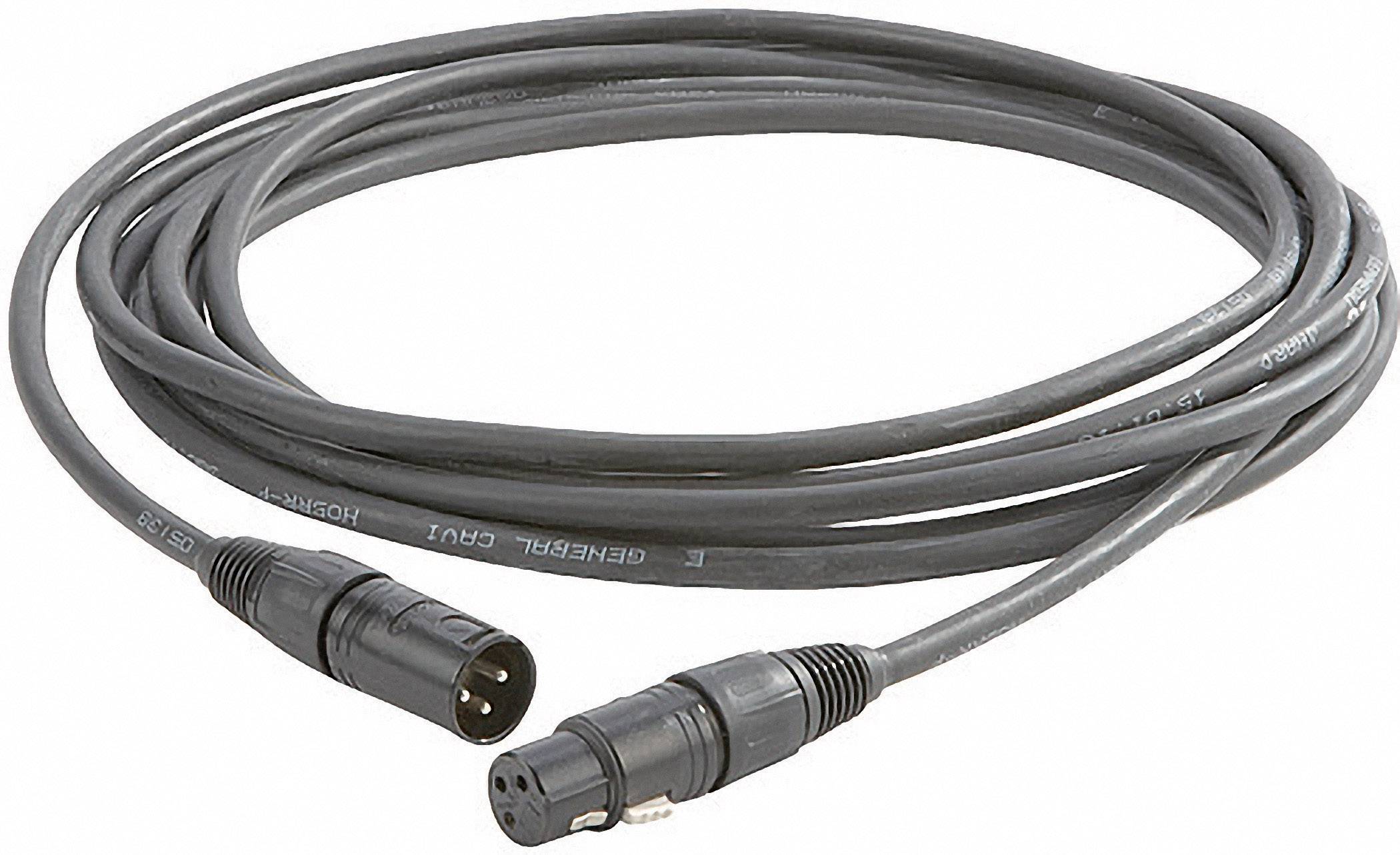 Dolgo črno XLR-kabel z moškim in ženskim priključkom, ki se uporablja za avdio- in odremo opremo.