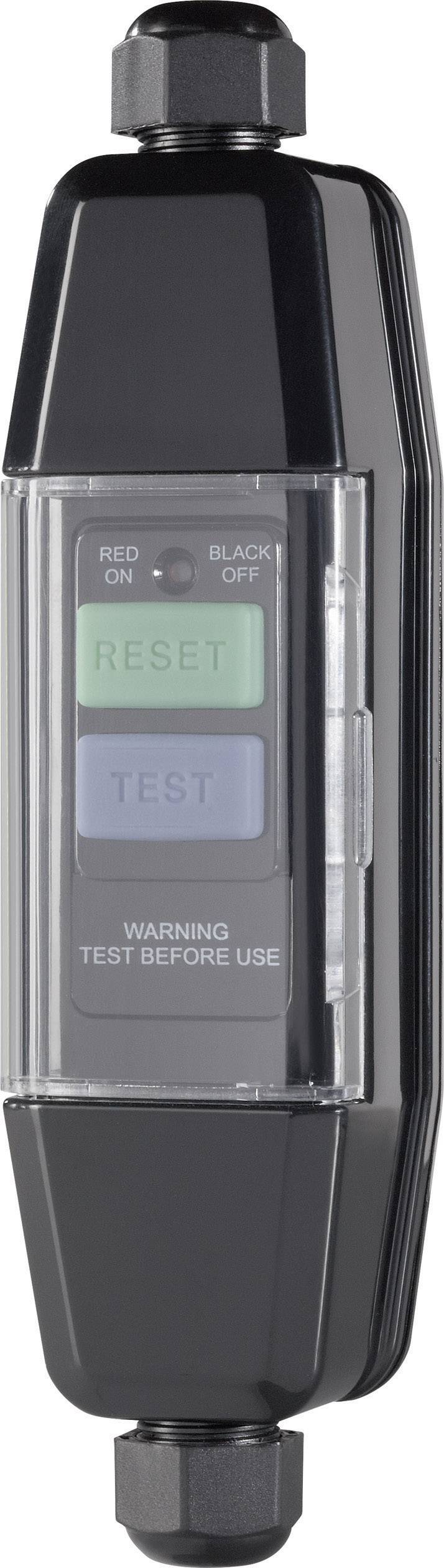 Črna električna preizkusna naprava z dvema gumboma: 'RESET' v zeleni barvi in 'TEST' v modri barvi. Besedilo na napravi: 'OPOZORILO: PREIZKUSI PRED UPORABO'.