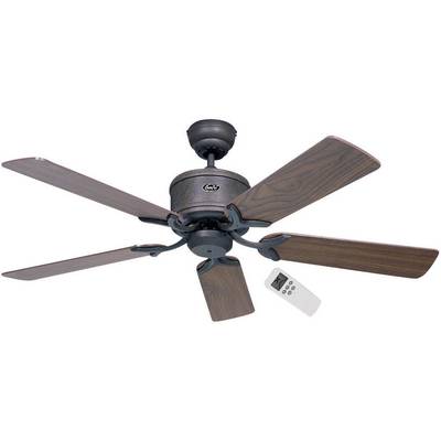 Stropni ventilator v videzu lesa s petimi krili in daljinskim upravljalnikom.