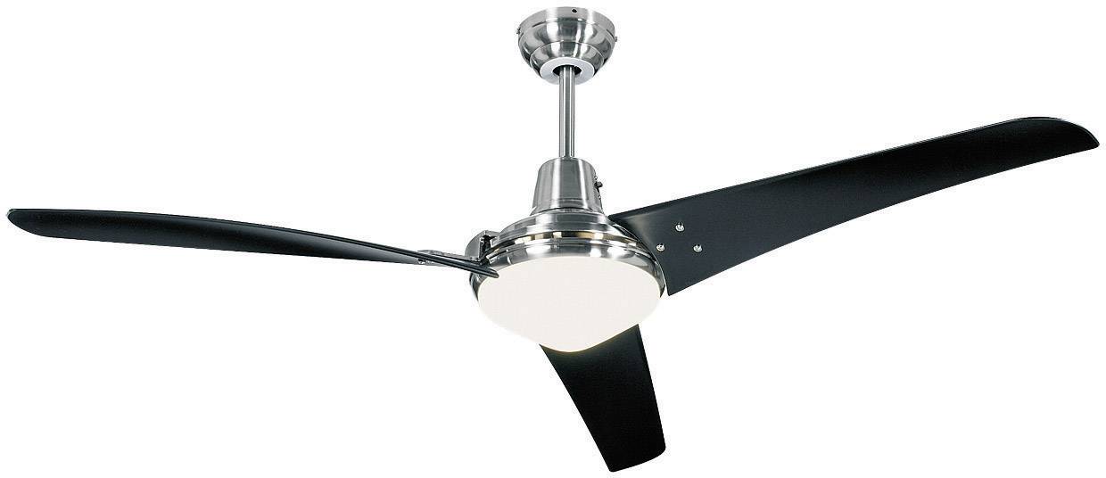 Sodoben stropni ventilator s tremi črnimi krili in srebrnim ohišjem. Idealen za kroženje zraka v notranjih prostorih.
