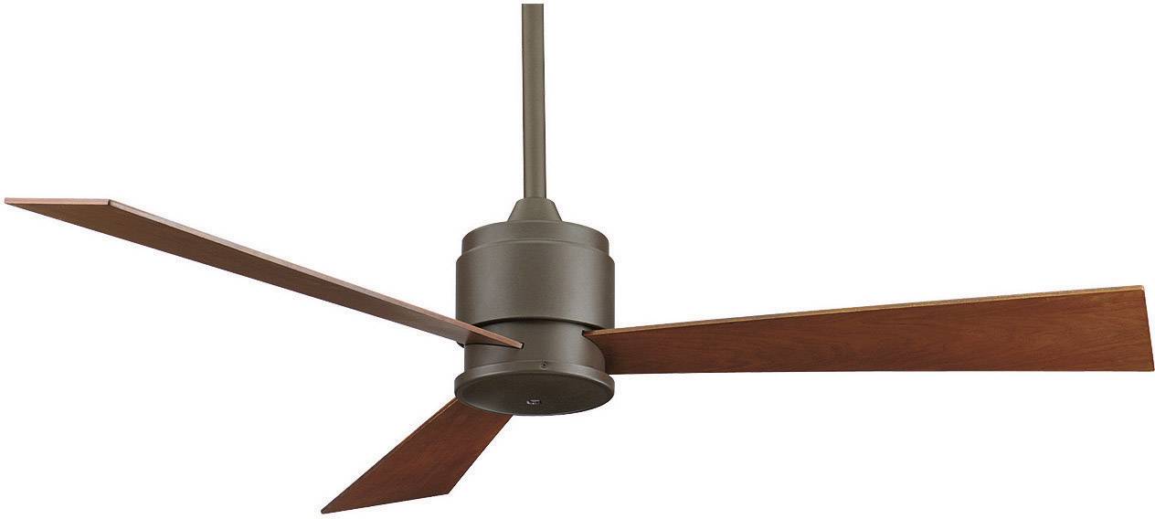 Stropni ventilator s tremi rjavimi lesenimi krili in temno sivim ohišjem v modernem slogu, brez vidnih dekoracij.