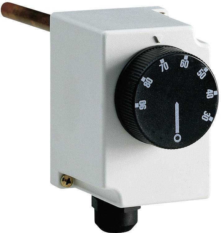 Bel termostat s črnim vrtljivim gumbom, ki prikazuje temperature od 30 do 90 stopinj Celzija. Kazalec je postavljen na 60 stopinj.