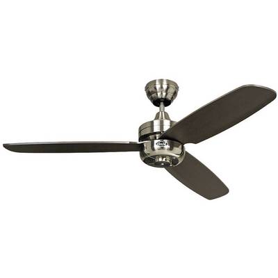 Sodoben stropni ventilator s tremi temno rjavimi krili in kovinsko ohišje, pritrjen na kratki drog.