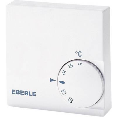 Bel sobni termostat z vrtljivim gumbom. Gumb prikazuje temperaturne oznake od 5 do 30 stopinj Celzija. Znamka 'EBERLE'.