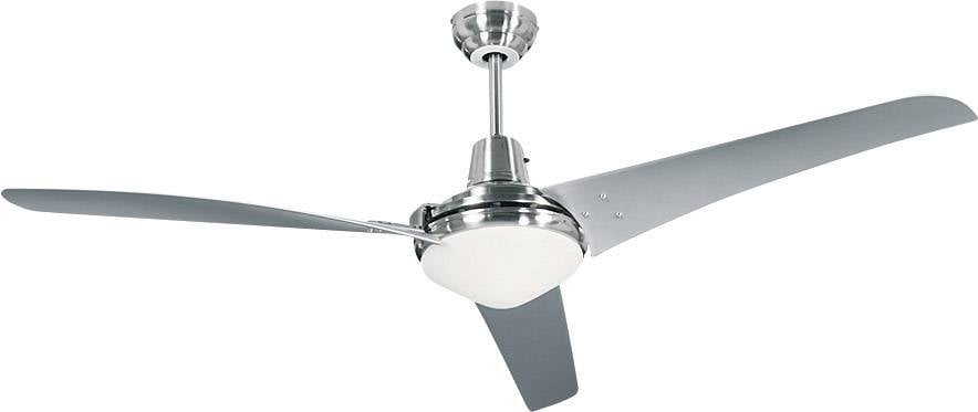 Stropni ventilator s tremi srebrnimi krili in sredinskim svetlobnim elementom, obešen na kratki palici.