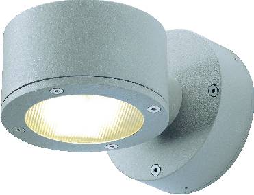 Moderna, okrogla zunanja stenska svetilka iz kovine z usmerjeno svetlobo navzdol.