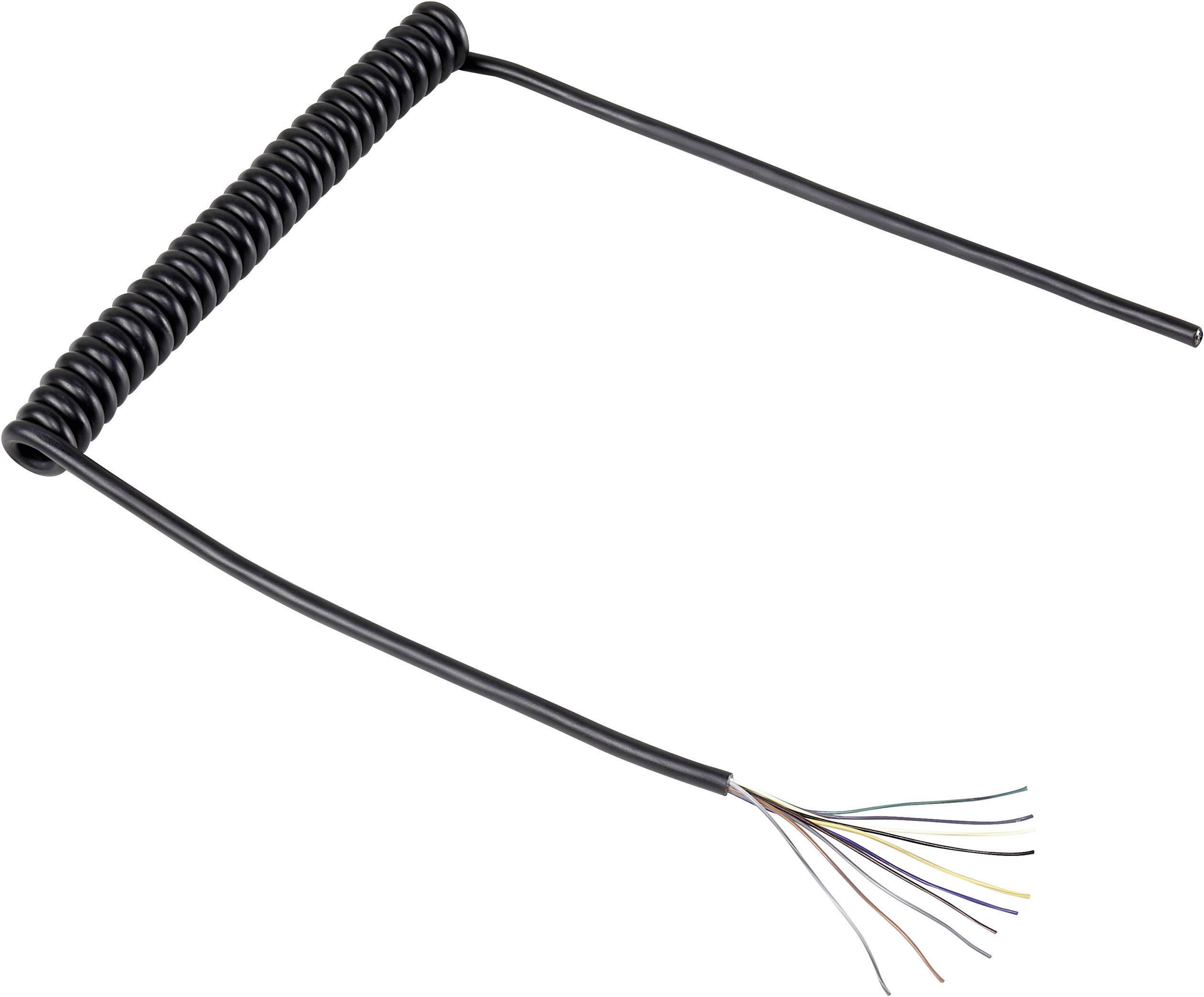 Črn, spiralast kabel z večbarvnimi, odkritimi žicami na koncu.