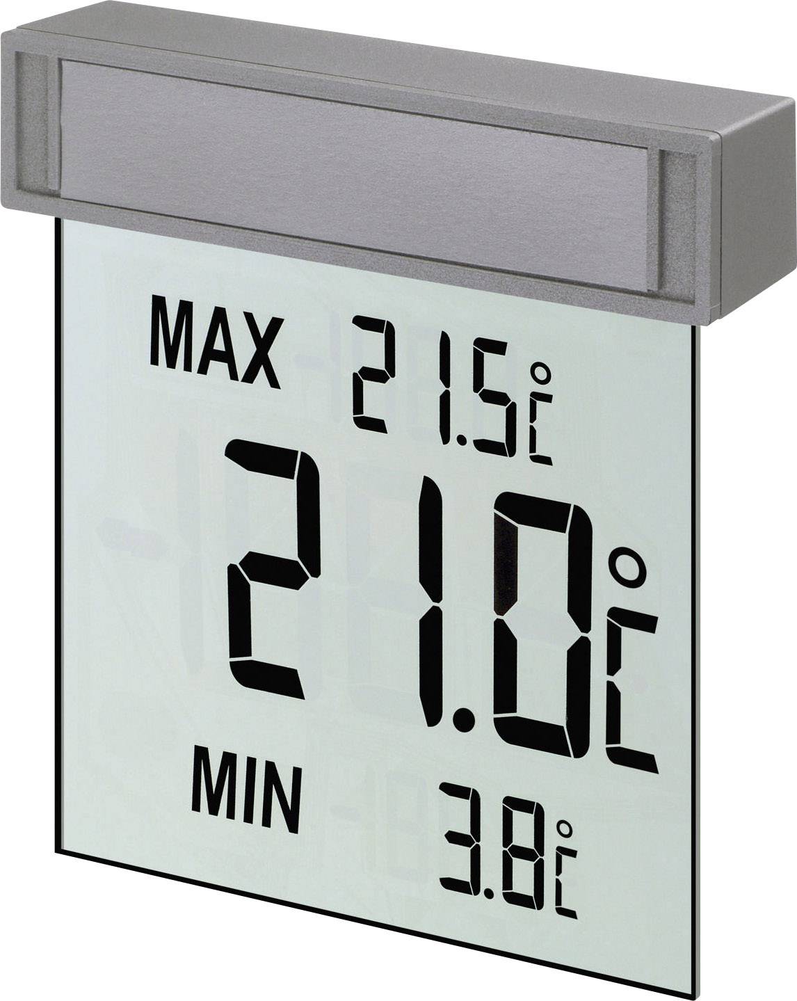 Digitalni termometer prikazuje trenutno temperaturo 21,0°C, maksimalno temperaturo 21,5°C in minimalno temperaturo 3,8°C.
