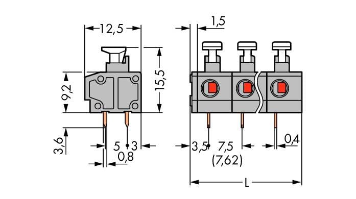 Vzmetni priključni blok 0.75 mm število polov: 2 235-502/331-000 WAGO sive barve 280 kosov