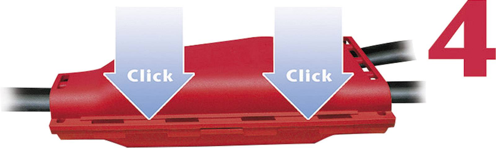 Rdeč pokrov kabelske povezovalne škatle z modrimi puščicami in napisom 'Click', prikazuje pravilno zapiranje. Številka '4' desno zgoraj.