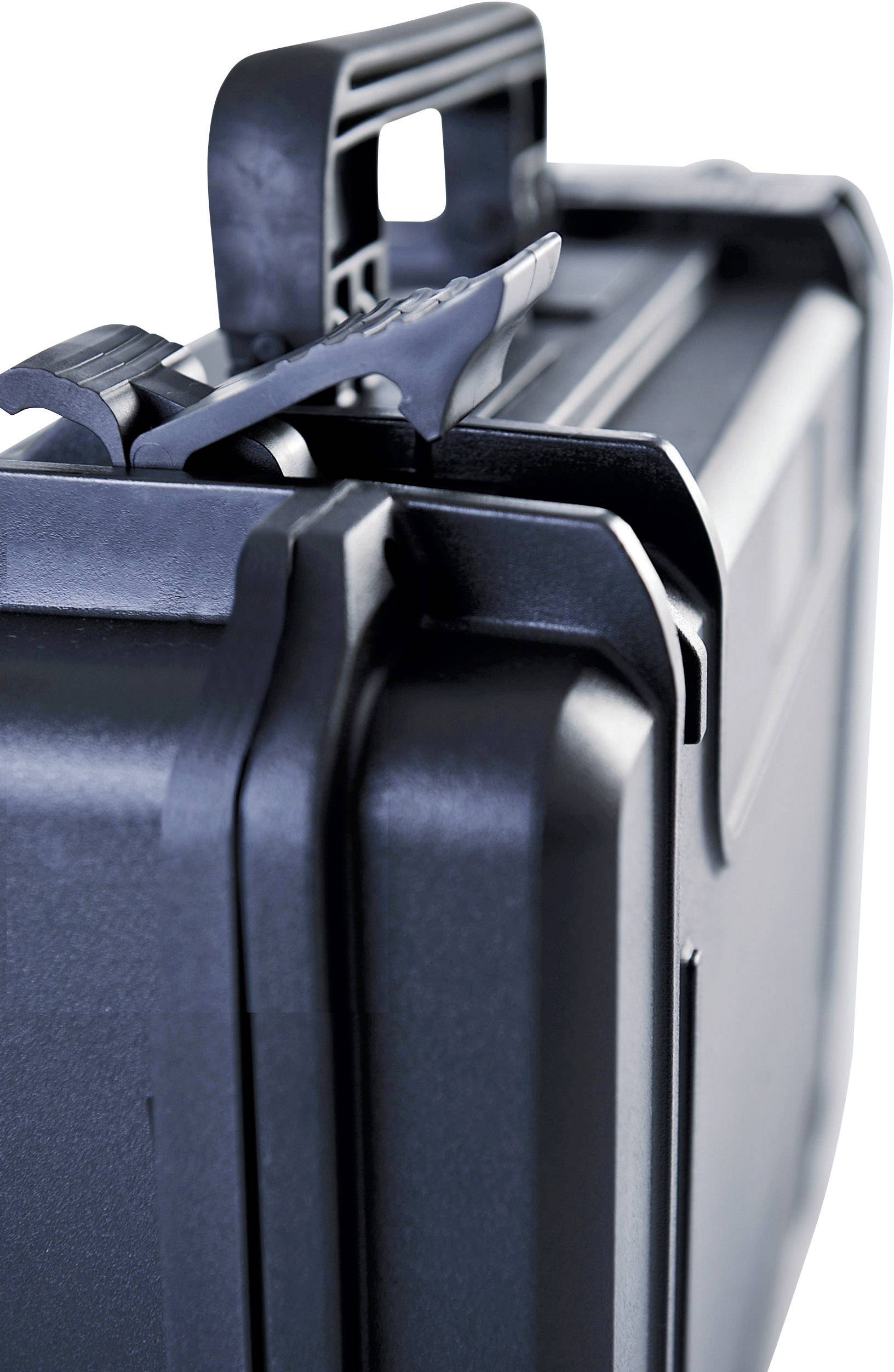 Varnostni kovček v črni barvi z robustno ročico in zaklepnimi zapahi, idealen za varen prevoz občutljivih predmetov.