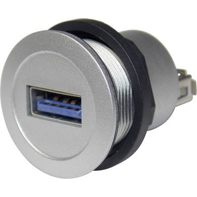 Okrogel USB 3.0 vgradni priključek s sivim kovinskim ohišjem in modrim notranjim delom, primeren za priključitev naprav.