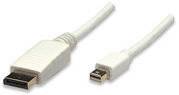 'HDMI kabel poleg Mini DisplayPort kabla, oba v beli barvi. HDMI kabel je večji z bolj širokim vtičem.'