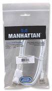 Embalaža Manhattan antenske kable. Kabel je bele barve in pakiran v prozorno plastično embalažo z črnim logotipom.