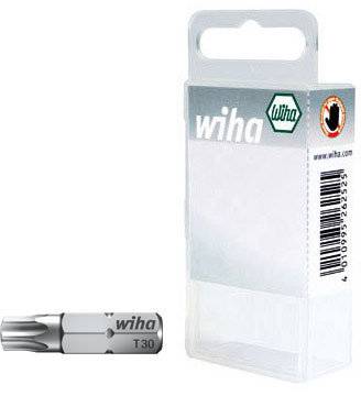 Bitni vijačnik Wiha T30 pred plastično škatlo z obešalnikom.