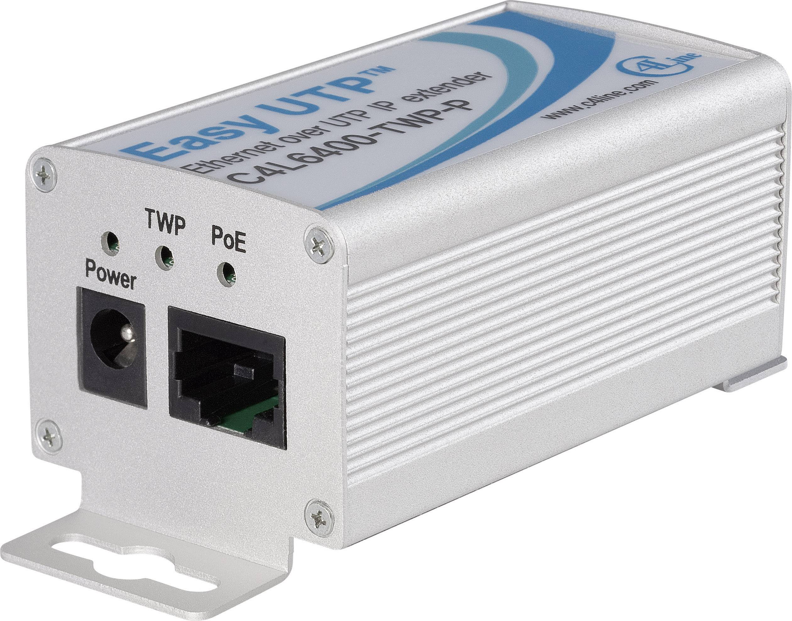 Naprava 'EasyUTP' za Ethernet prenos. Prikazuje PoE in TWP priključke na sprednji strani. Kompaktno ohišje iz srebrne kovine.