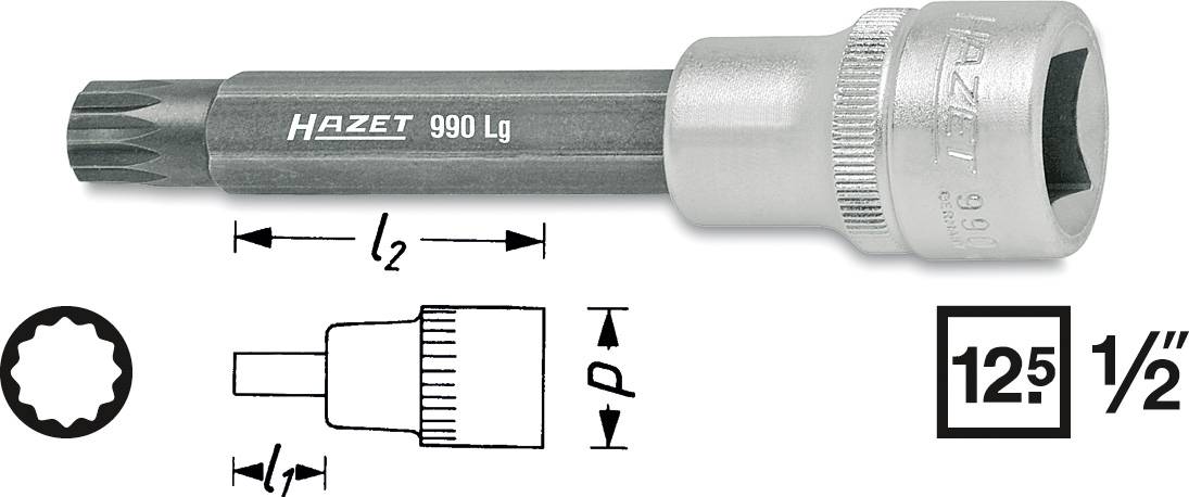 Torx-bit nastavek znamke Hazet, model 990 Lg, namenjen uporabi s 1/2-palčnim nástavkom. Tehnični načrti prikazujejo mere.