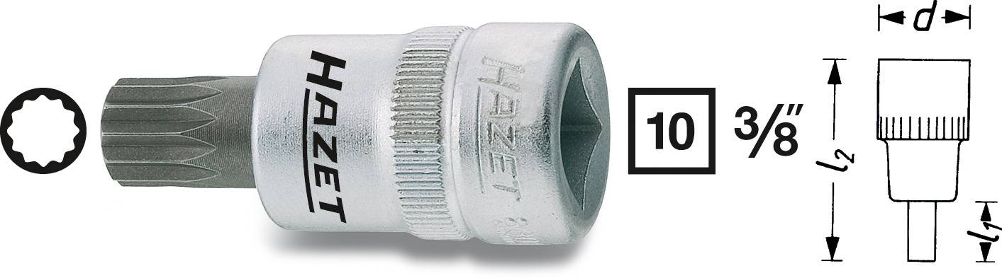 Na sliki je prikazan Hazet natični ključ za vijake z večzobno glavo, velikost 10, z 3/8-palčnim pogonom. Diagram prikazuje mere.