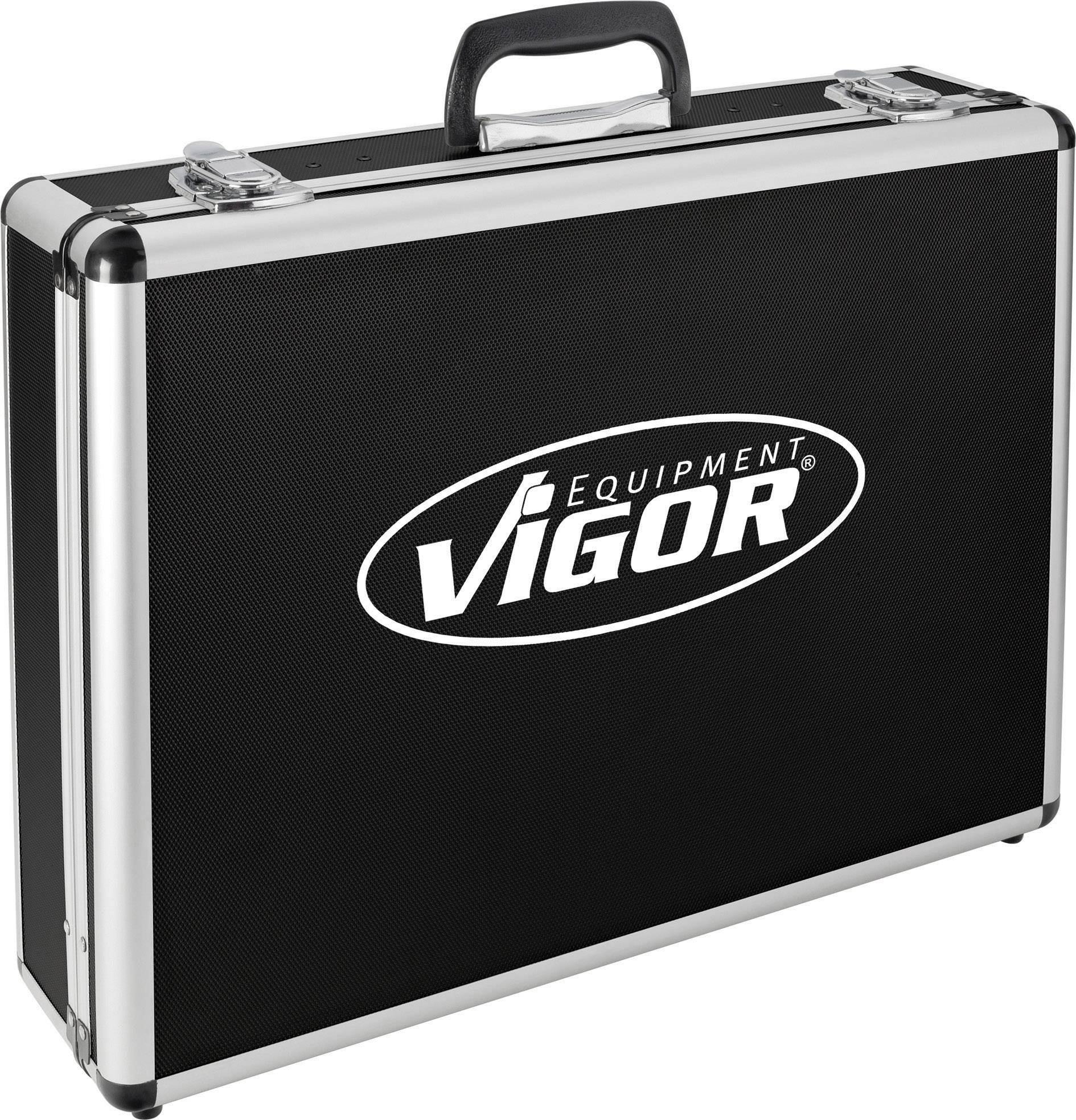 Črn kovček za orodje s srebrnim robom in črnim ročajem. Logotip blagovne znamke 'Vigor Equipment' na sprednji strani.