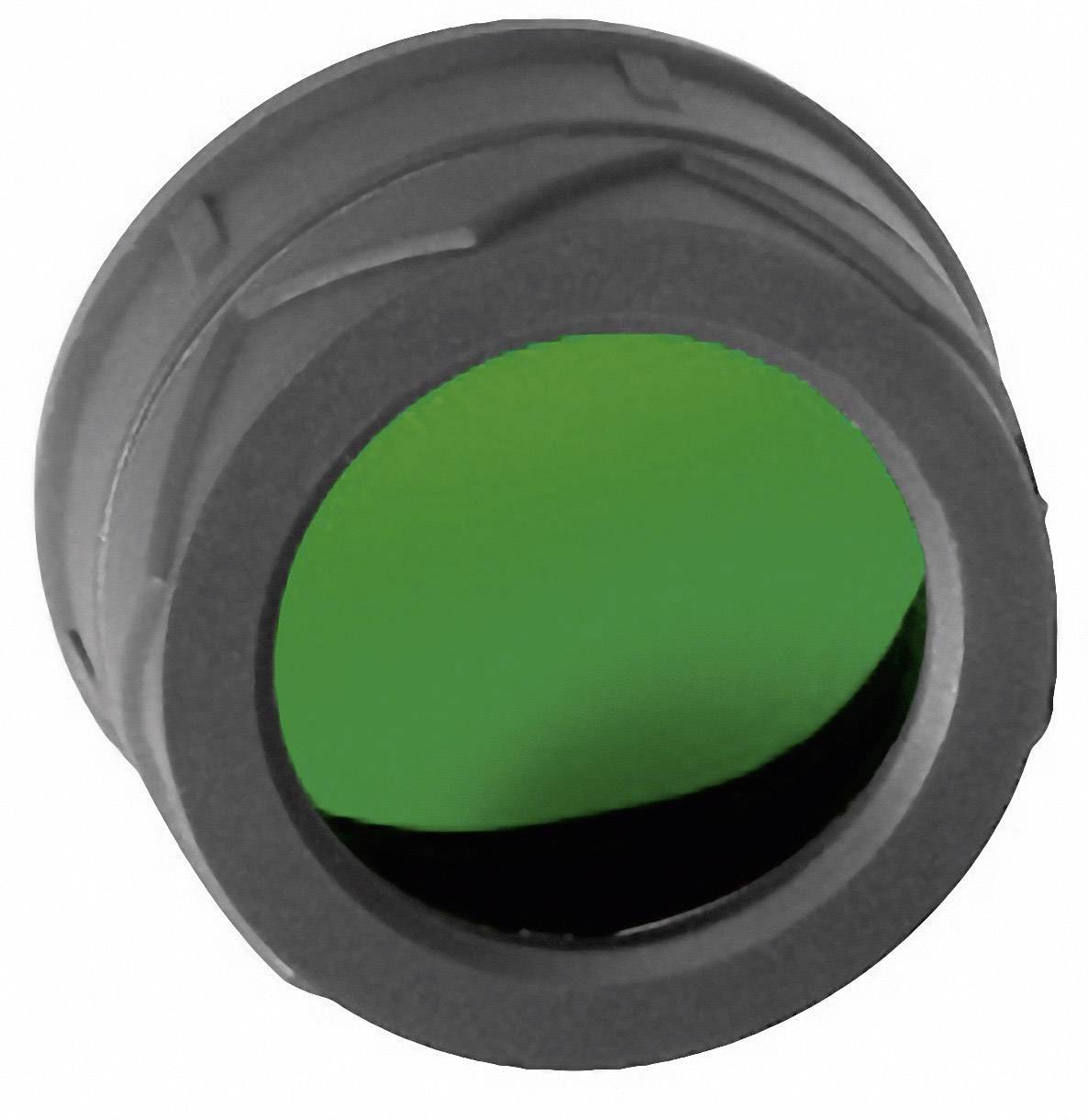 Okrogel črn objektni filter z zelenim steklom, ki se potencialno lahko uporablja za korekcijo ali izboljšanje slike.