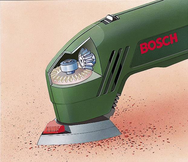 Zeleno električno večnamensko orodje z rdečim logotipom Bosch, ki deluje na rožnati površini in brusi material.