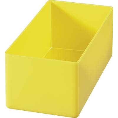 Prazen, rumen, pravokoten plastični zabojnik z odprtimi stranmi. Stoji pokončno na ravni površini.