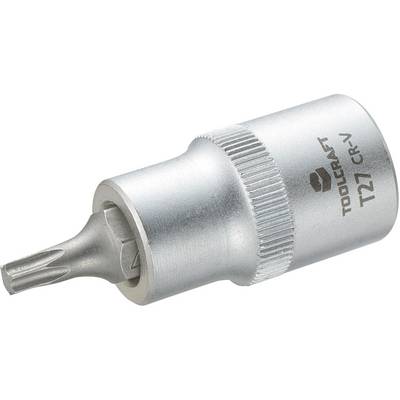 Srebrn Torx bit, označen z 'TOOLCRAFT T27 CR-V', z nazobčanim robom, predvsem primeren za izvijače.