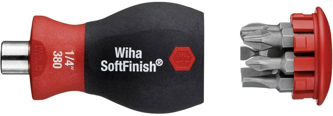 Ročaj izvijača Wiha SoftFinish z zamenljivim kompletom nastavkov, vključno s križnim in ravnim nastavkom, na belem ozadju.