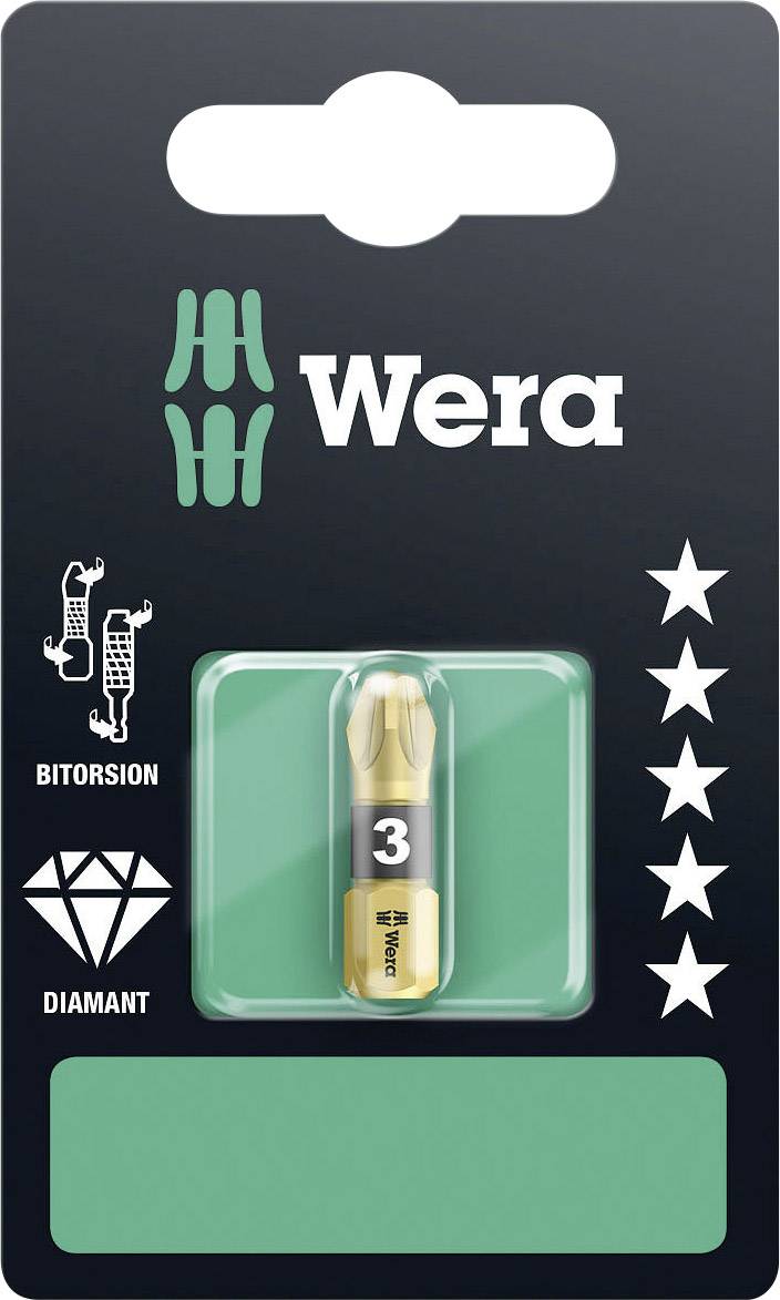 Wera Bitsatz z diamantno prevleko za izvijač, velikost 3, na črni embalaži z zelenimi in belimi detajli.