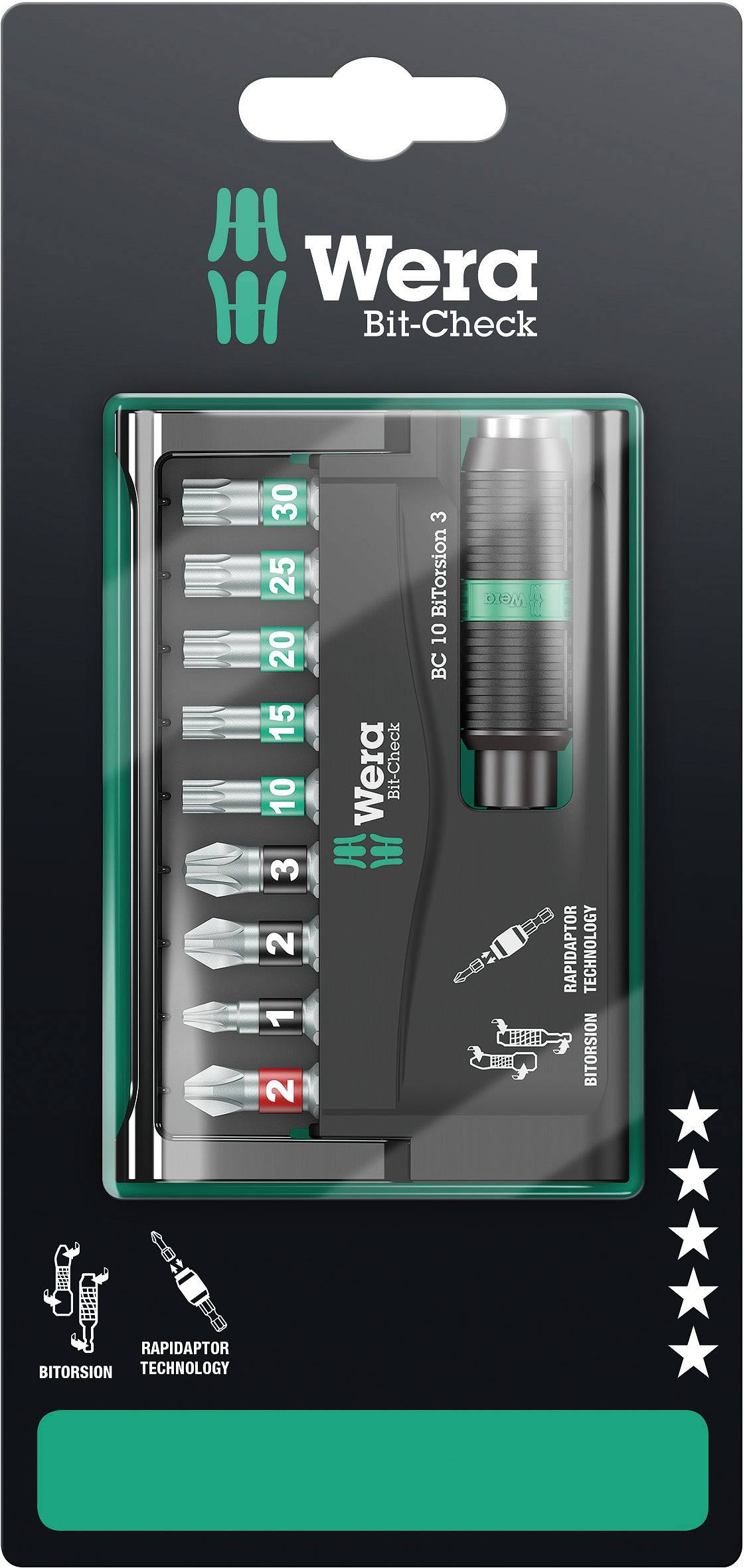 Bit-nastavek, 10-delni komplet Wera 8757-9/BTZ Rapidaptor 05073418001 križni Phillips, križni Pozidriv, notranji TORX Bi-0