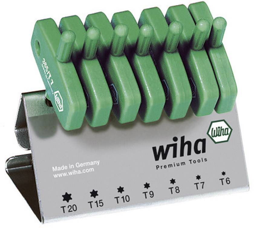 Nabor Wiha Torx ključev v zelenem držalu na srebrnem stojalu, velikosti od T6 do T20, z napisom "Made in Germany".