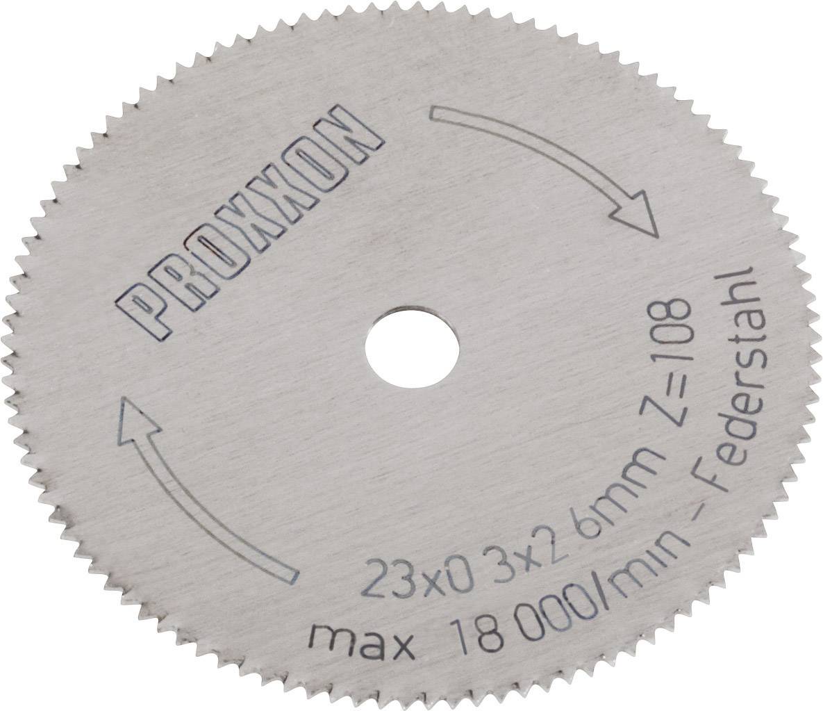 Okrogel žagin list iz vzmetnega jekla, označen z 'PROXXON', z dvema puščicama za smer vrtenja, 23x0,3x26 mm, maks. 18.000/min.