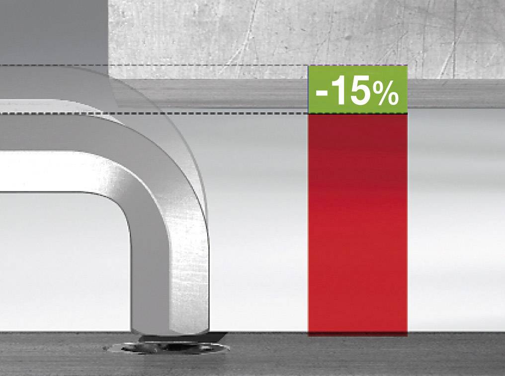 Kovinski ključ pritiska na rdečo površino, ki prikazuje upad 15 %. Ozadje je sive barve.