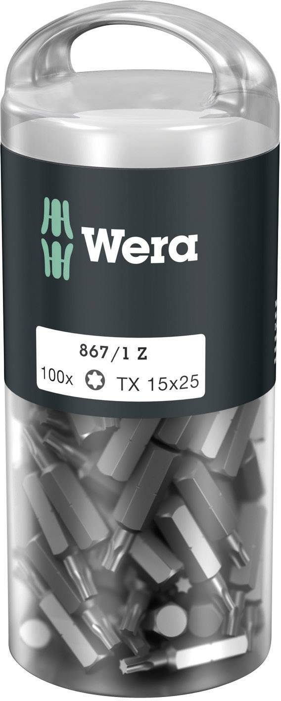 Prosojno plastično pakiranje s 100 koščki vijačnih nastavkov znamke Wera, model 867/1 Z, velikost TX 15x25.
